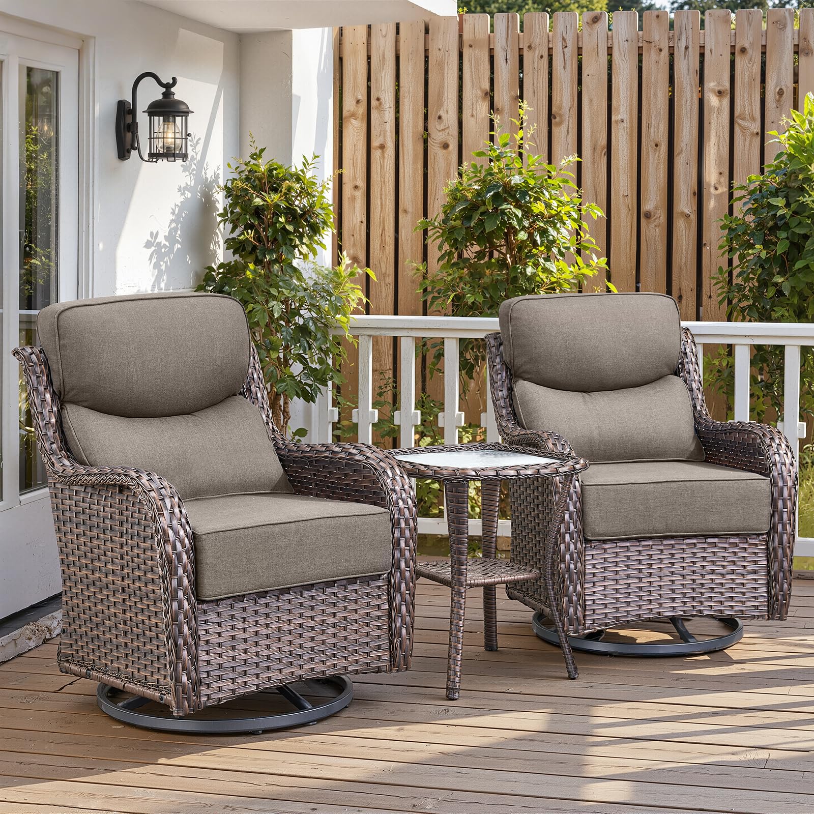 Luxury 6" Thick Cushioned Outdoor Swivel Rocker Patio Chairs with Side Table, High Back Wicker Furniture Set with Ergonomic Zone Back, Conversation Glider Set for Deck Porch - Brown+Grey