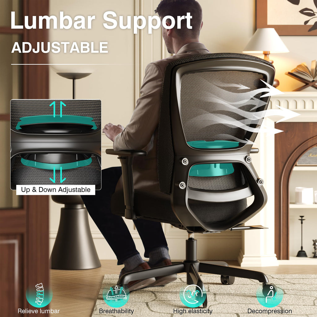 Ergonomic Home Office Chair, Mesh Computer Desk Chair with 4D Armrests, Adjustable Lumbar Support,Rolling Swivel Task Chair for Long Hours, Sponge Cushion