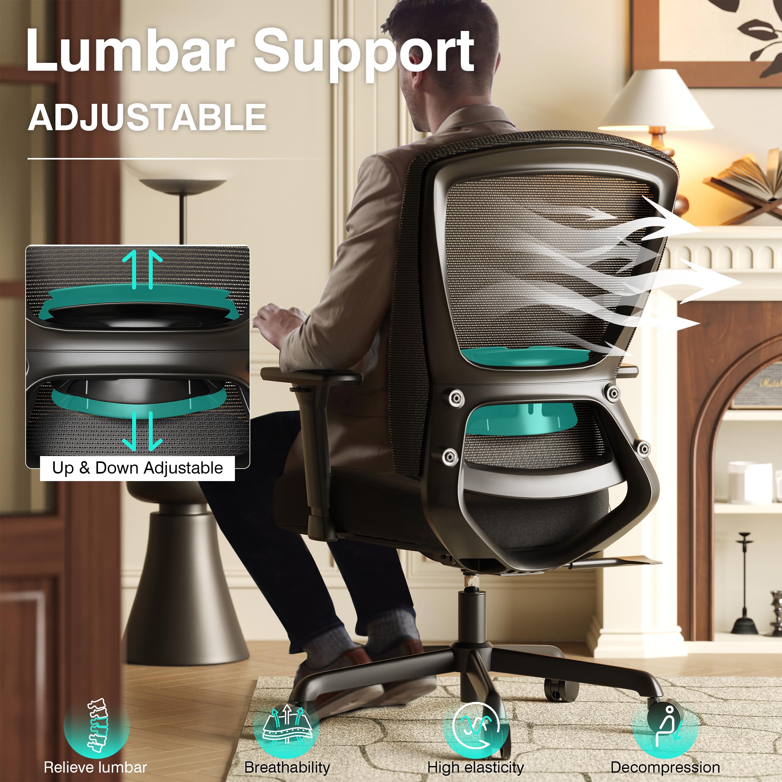 Ergonomic Home Office Chair, Mesh Computer Desk Chair with 4D Armrests, Adjustable Lumbar Support,Rolling Swivel Task Chair for Long Hours, Sponge Cushion