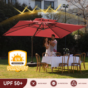 10 X 13 FT Cantilever Outdoor Patio Umbrella with Base Included with Led Lights Large 360° Rotation Double Top Offset Heavy Duty Rectangular Umbrellas for Backyard Outside Deck, Wine Red