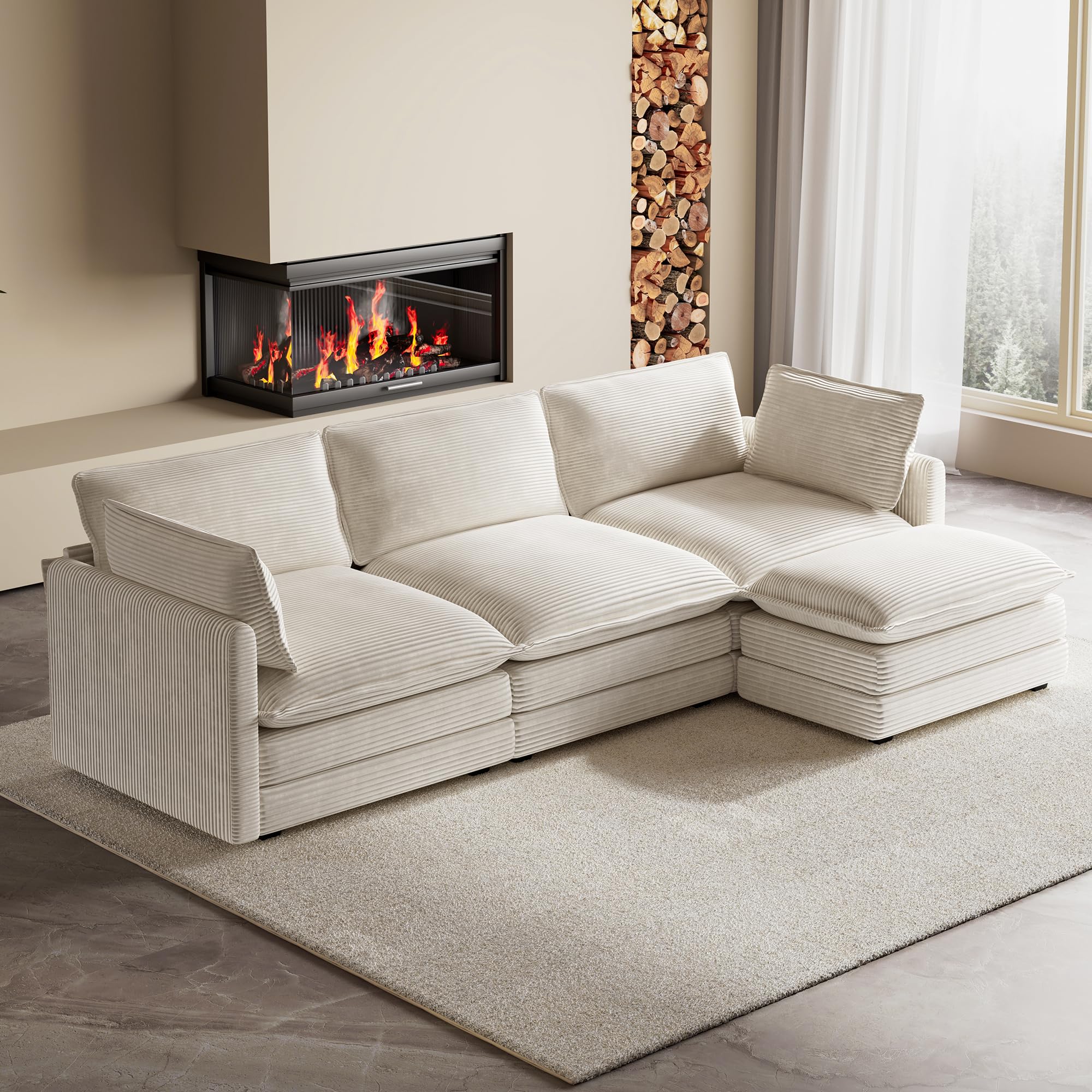104'' Modular Sectional Cloud Couch with Movable Ottoman, 4 Seat Modern Corduroy Sofa, Deep Seat L Shaped Couch for Living Room Bedroom Apartment, Beige