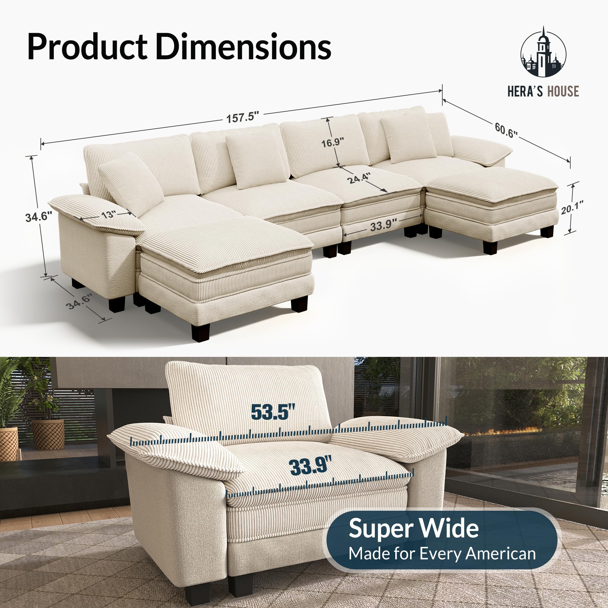 158" Modular Sectional Sofa, Oversized U Shaped Couches for Living Room, Comfy Cloud Couch with Ottoman, 6-Seater Deep Seat Sofa with Throw Pillow, Corduroy and Chenille Beige