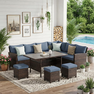 7 Piece Patio Furniture Set, High Curved Back Wicker Patio Sectional, All Weather Outdoor Dining Set, Outdoor Furniture Patio Conversation Set with Ottoman, Blue