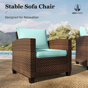 Outdoor Patio Furniture Set, 7 Pieces Wicker Patio Conversation Sets, Outside Sectional Deep Seating Sofa Set for Lawn Backyard Porch, Brown/Blue