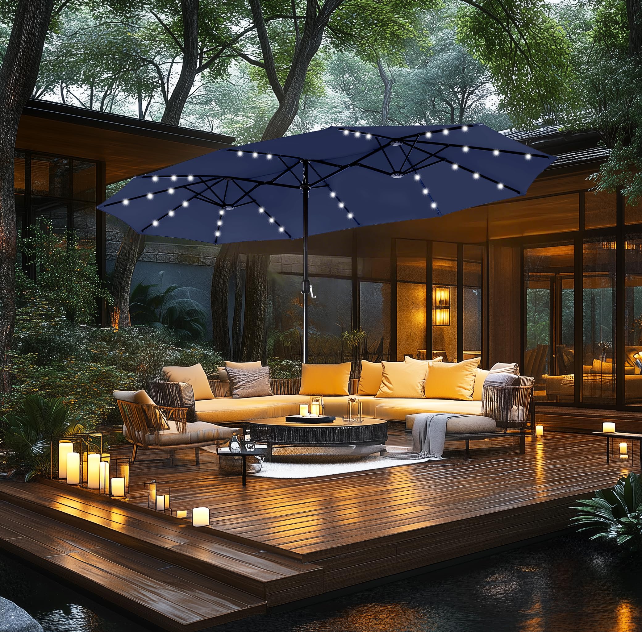 15ft Double Sided Patio Umbrella with Solar Lights, Outdoor Large Umbrellas with Crank Handle and 36 LED Lights, Rectangular Market Umbrella with Base Included for Deck Pool Shade, Navy Blue