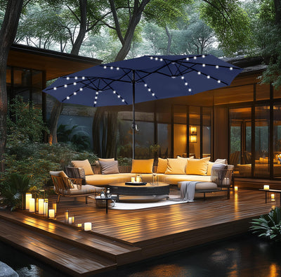 15ft Double Sided Patio Umbrella with Solar Lights, Outdoor Large Umbrellas with Crank Handle and 36 LED Lights, Rectangular Market Umbrella with Base Included for Deck Pool Shade, Navy Blue