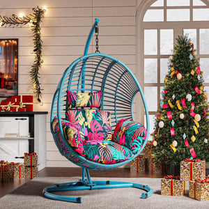 Oversized Hanging Egg Chair Outdoor Indoor, Wicker Swing Egg Chair with Stand 400lbs Capacity for Bedroom, Patio, Garden and Balcony (Hawaii Blue-Regular, Oversize)