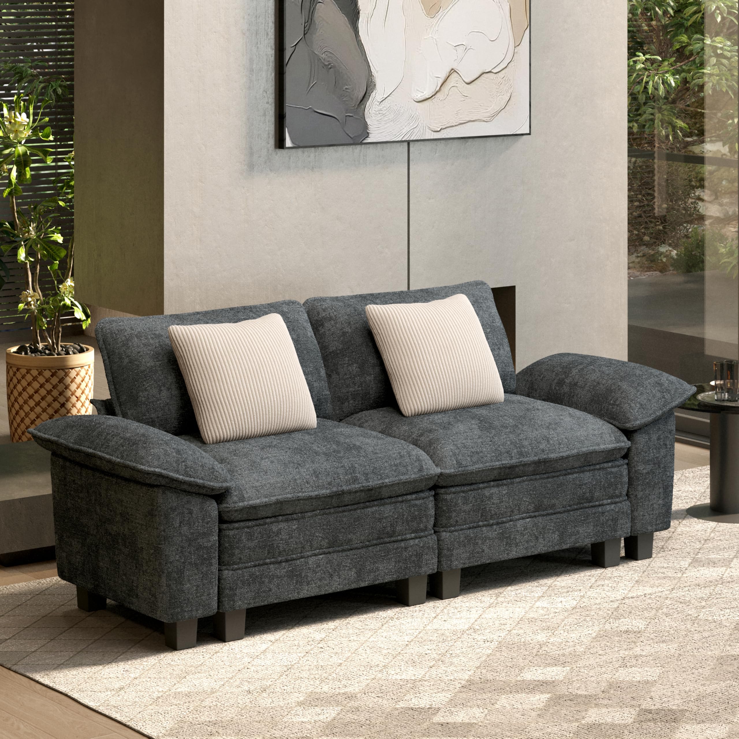 88" Modular Sectional Sofa, Loveseat Couches for Living Room, Comfy Cloud Couch 2-Seater Deep Seat Sofa with Throw Pillow, Chenille Blue