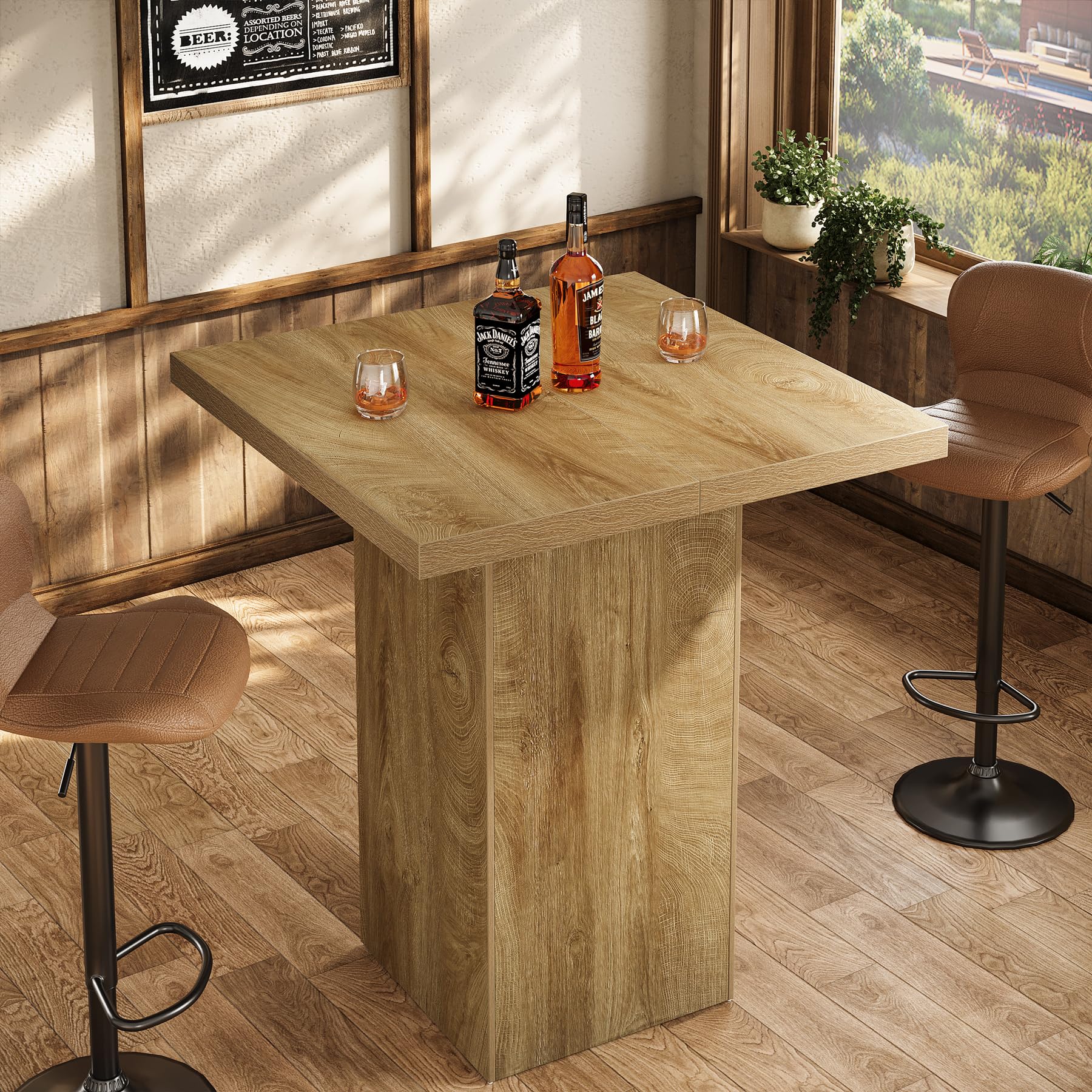 Square Bar Table, 39.4" H Industrial High Top Bistro Pub Cocktail Table, Small Counter Height Dining Table for Kitchen Nook, Home Bar, Coffee Corner, Natural Oak