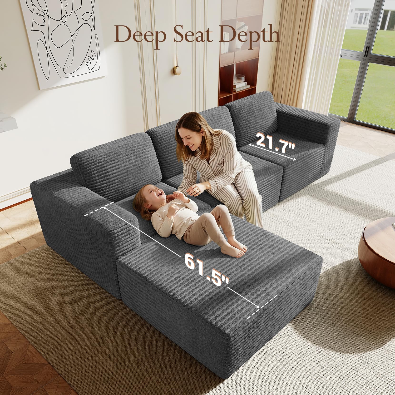 119" L-Shaped Modular Sectional Sofa, Corduroy Cloud Couch with Deep Seating & Spring Support, Flexible Layout Sofa with Ottoman, Boneless Style, No Assembly Required, Grey