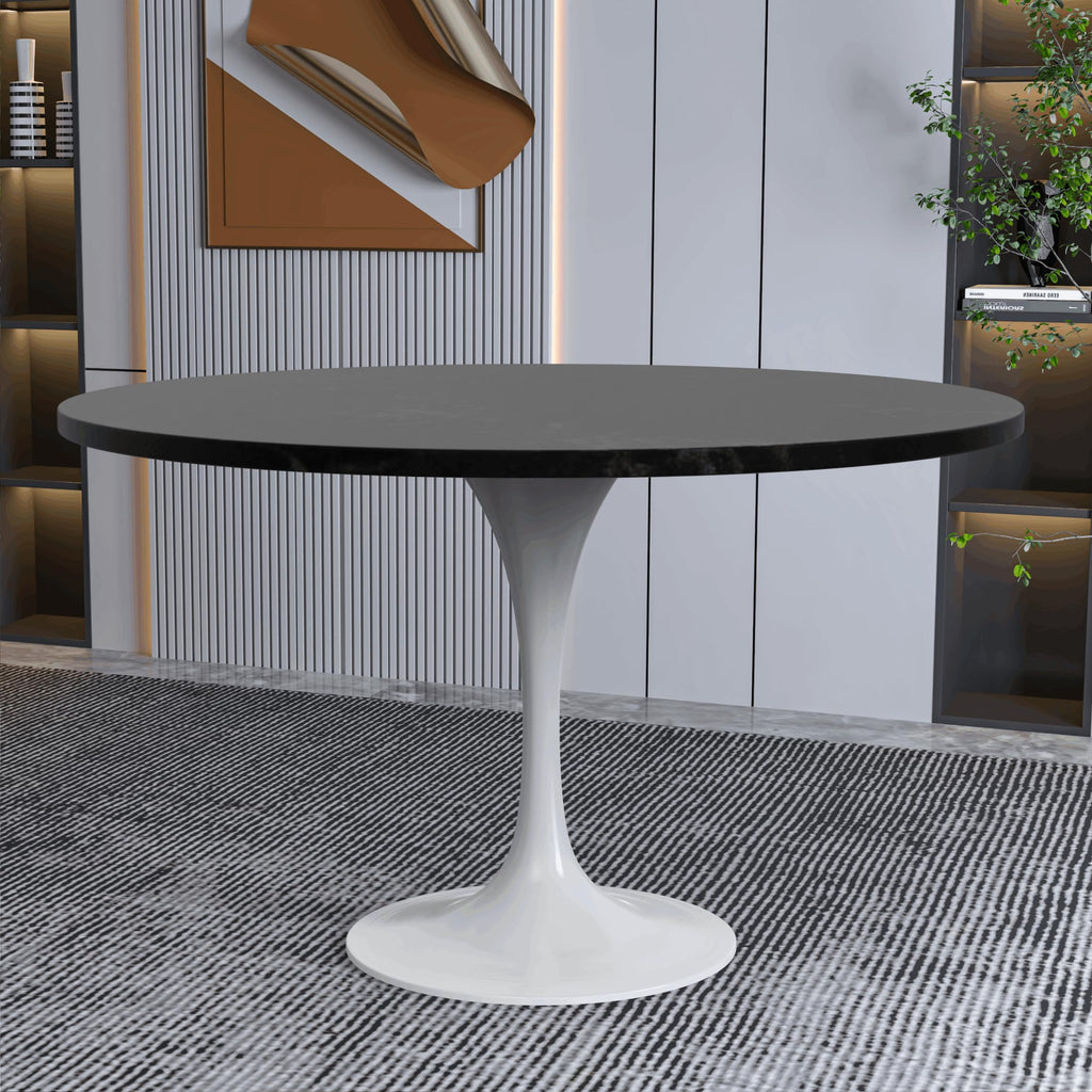 Mid-Century Modern 48 Inch Round Dining Table, MDF Wood Tabletop with White Steel Pedestal Base, Large Pedestal Kitchen & Dining Room Table, Breakfast Nook Table (Black)
