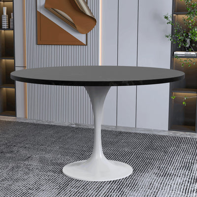 Mid-Century Modern 48 Inch Round Dining Table, MDF Wood Tabletop with White Steel Pedestal Base, Large Pedestal Kitchen & Dining Room Table, Breakfast Nook Table (Black)