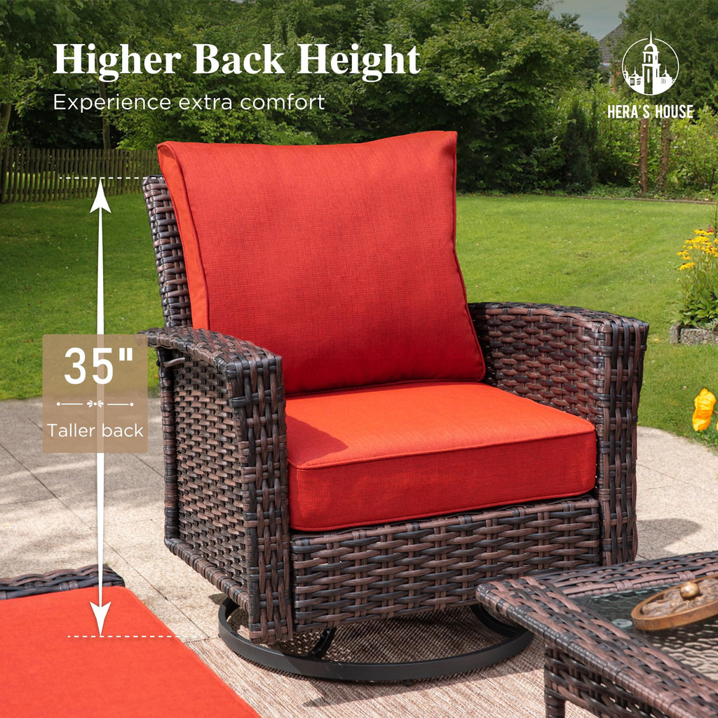 Red Outdoor Furniture Set with 35" High Back Swivel Chairs, Wicker Patio Conversation Sets with 5.5" Waterproof Cushions for Deck Lawn Yard