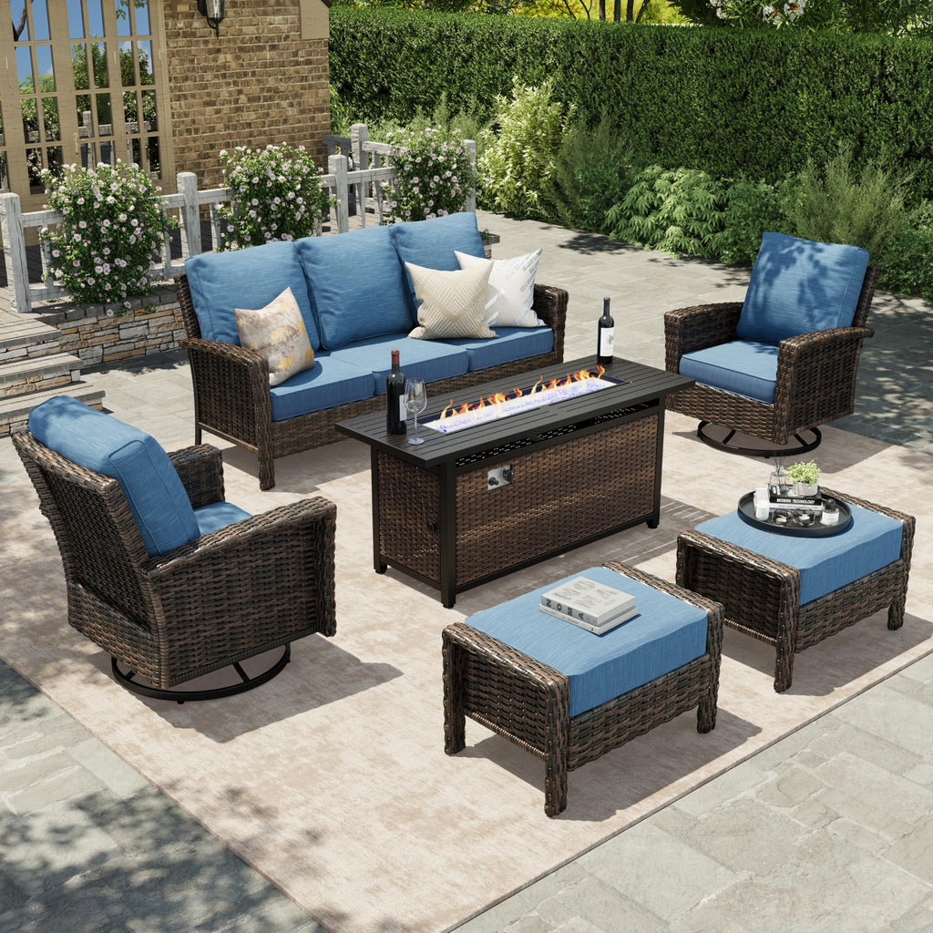 Wicker Patio Furniture Set, High Back Swivel Chairs with 5.5-Inch Thick Cushions, 6-Piece Outdoor Deep Seating Conversation Sets with Fire Pit Table & Ottomans for Deck Yard Garden, Blue