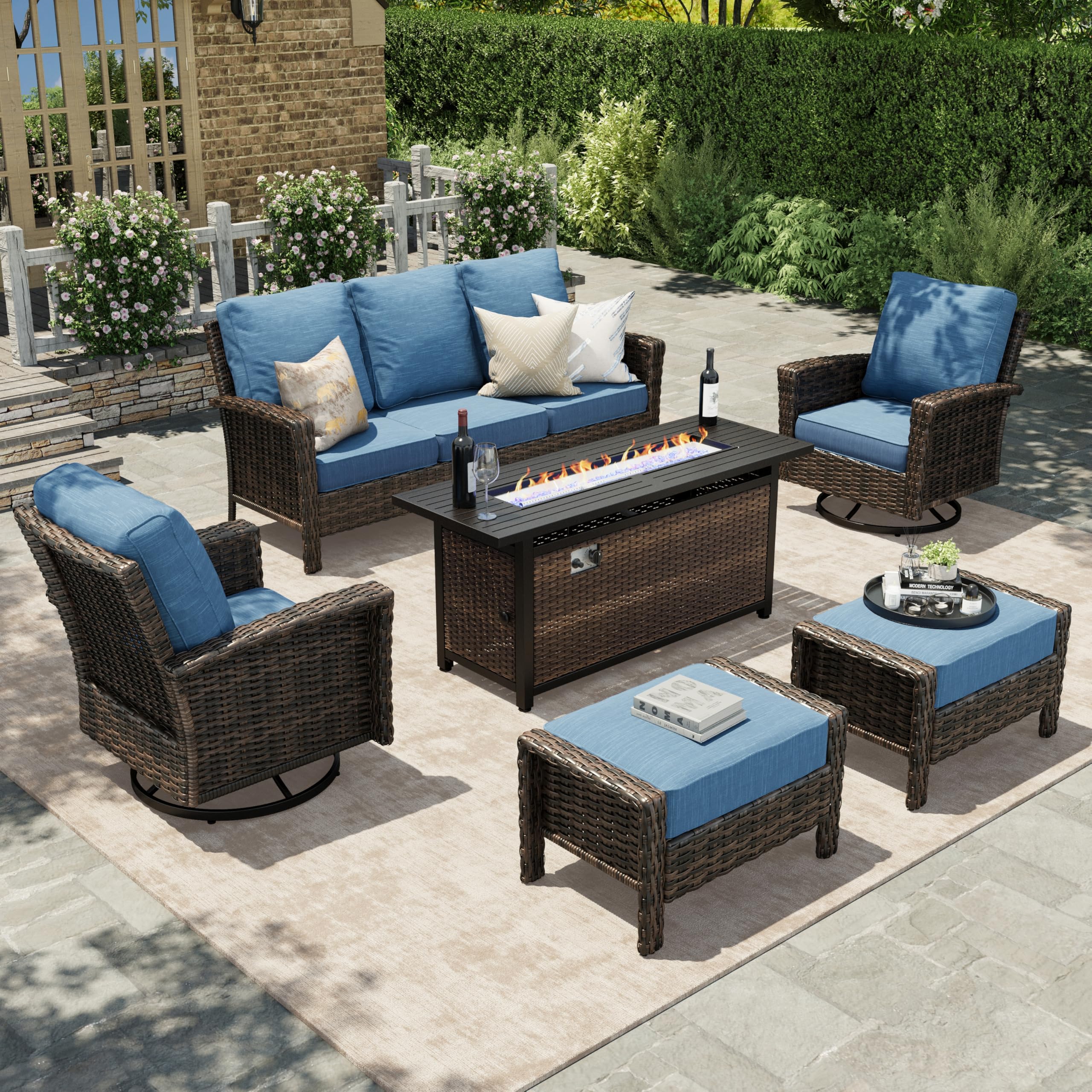 Wicker Patio Furniture Set, High Back Swivel Chairs with 5.5-Inch Thick Cushions, 6-Piece Outdoor Deep Seating Conversation Sets with Fire Pit Table & Ottomans for Deck Yard Garden, Blue