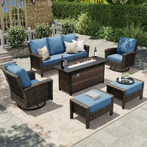 Wicker Patio Furniture Set, High Back Swivel Chairs with 5.5-Inch Thick Cushions, 6-Piece Outdoor Deep Seating Conversation Sets with Fire Pit Table & Ottomans for Deck Yard Garden, Blue