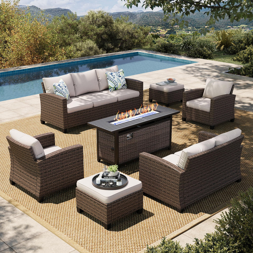 Wicker Patio Furniture Set with Fire Pit Table, Outdoor Rattan Conversation Sofa Sets for Lawn Yard