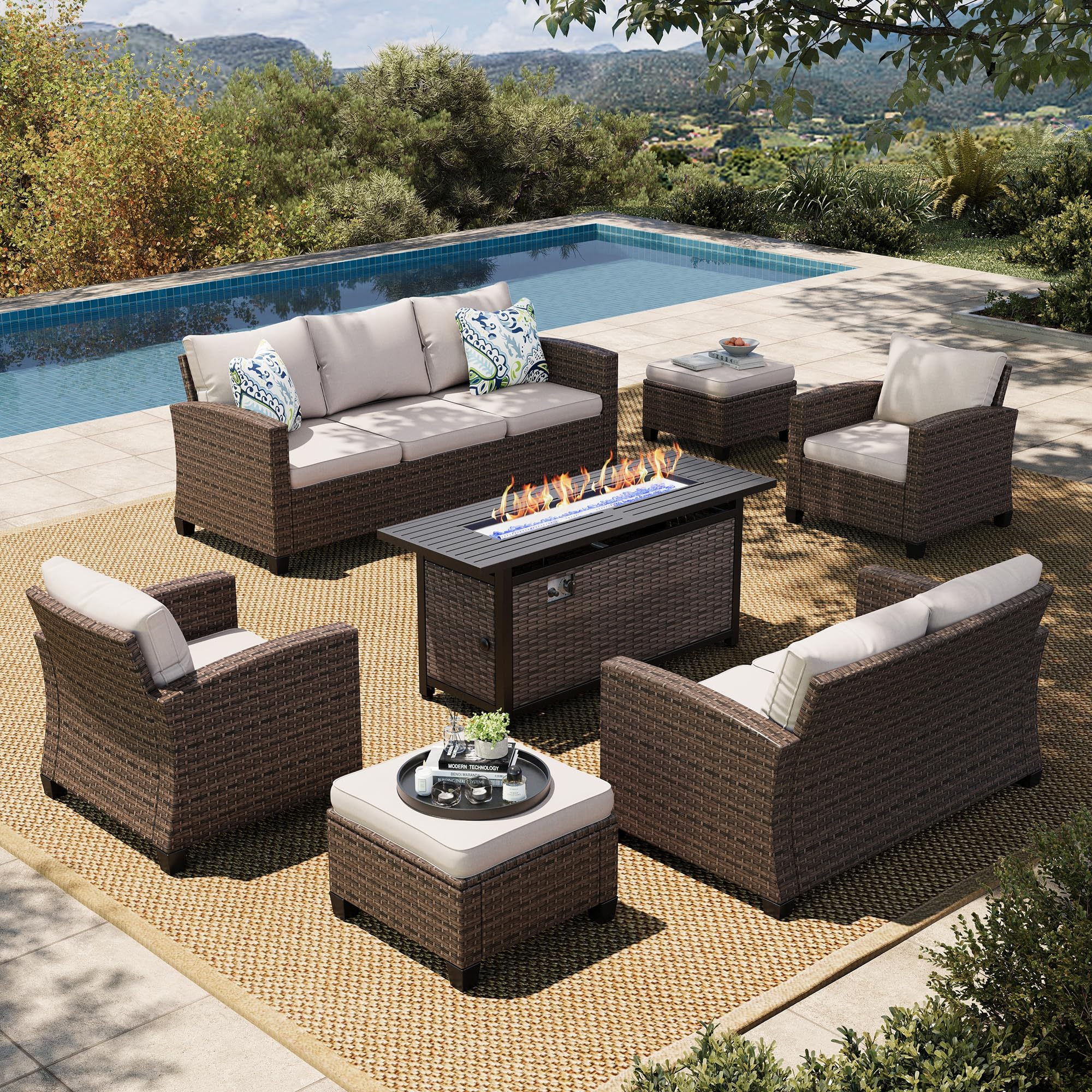 Wicker Patio Furniture Set with Fire Pit Table, Outdoor Rattan Conversation Sofa Sets for Lawn Yard