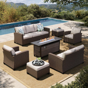 Wicker Patio Furniture Set with Fire Pit Table, Outdoor Rattan Conversation Sofa Sets for Lawn Yard