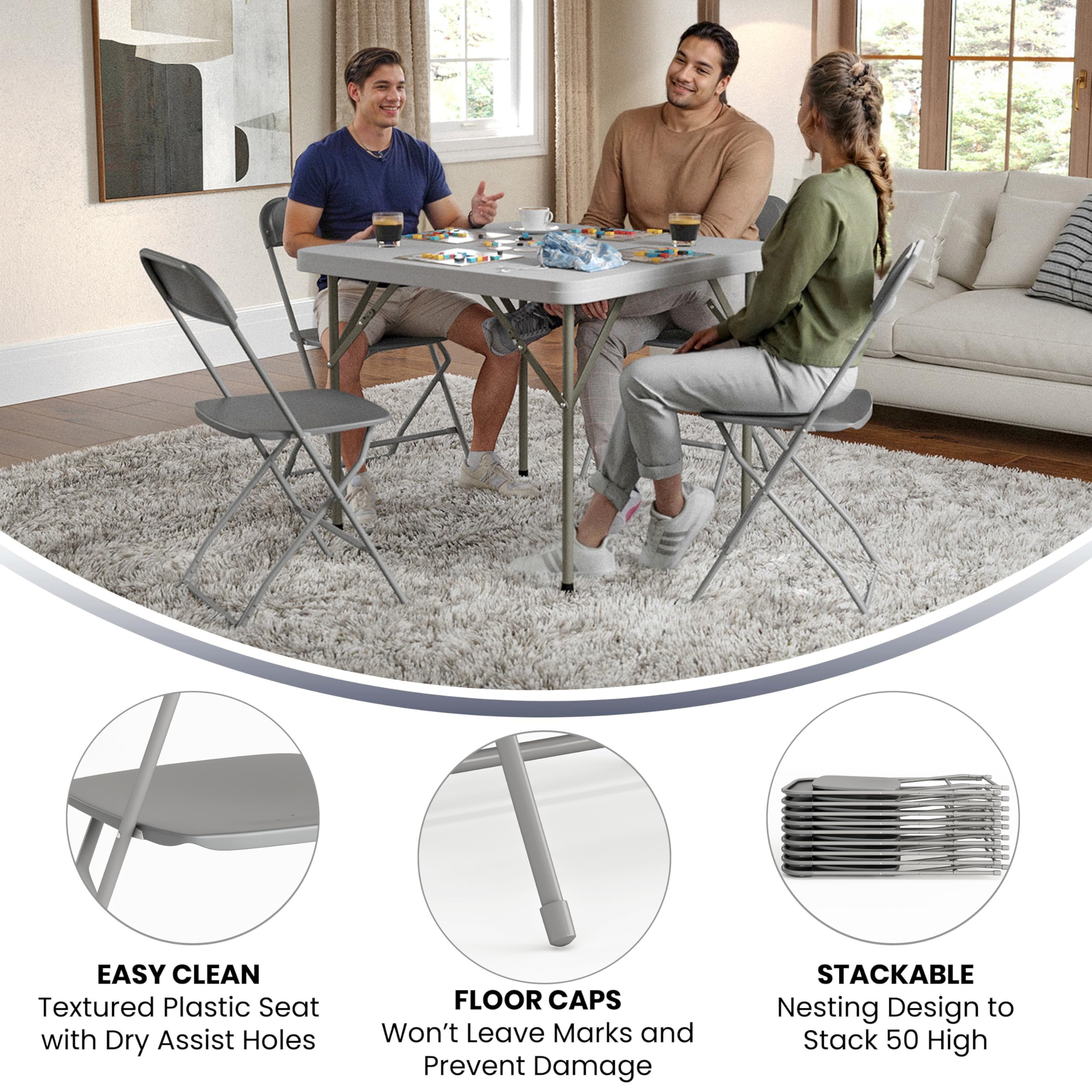 6 Pack, Hercules Series Plastic Folding Chair - Grey -  650LB Weight Capacity Comfortable Event Chair-Lightweight Folding Chair