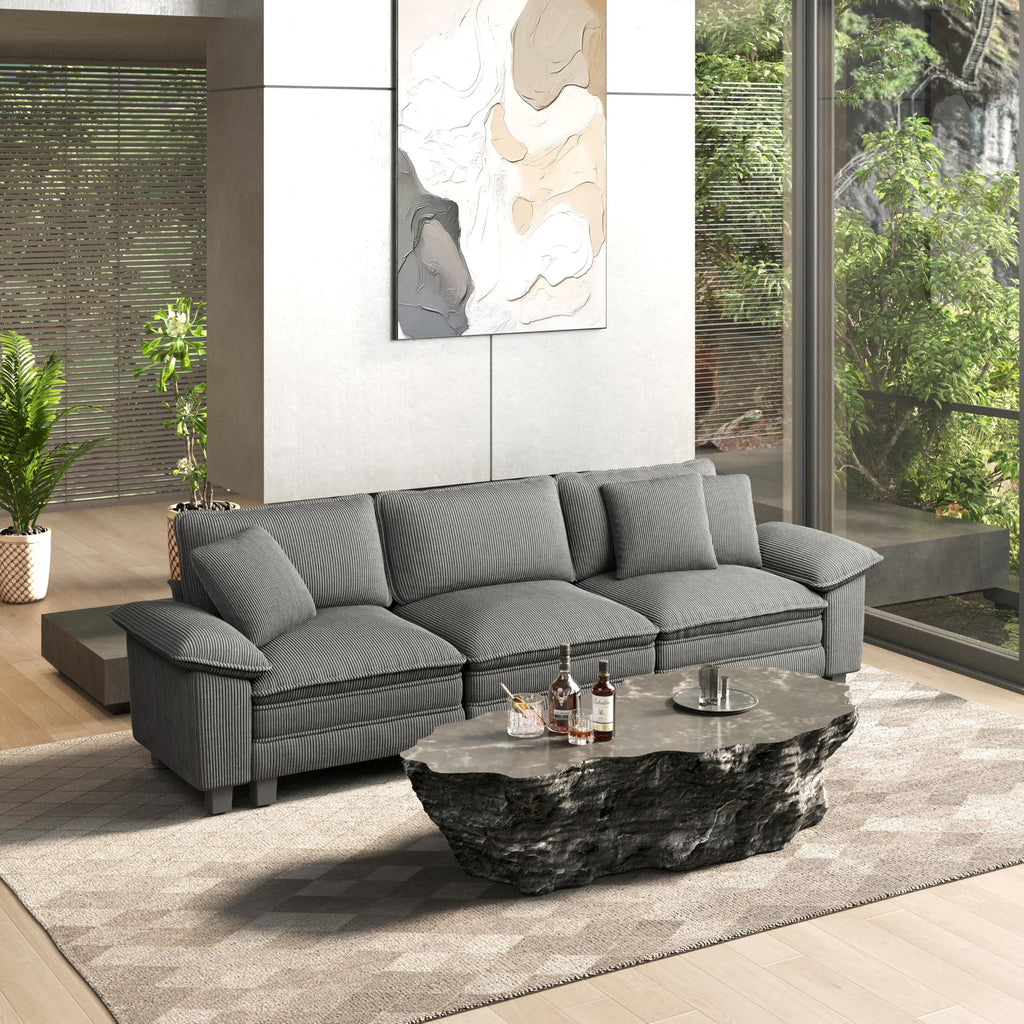 124" Modular Sectional Sofa, Oversized Couches for Living Room, Comfy Cloud Couch 3-Seater Deep Seat Sofa with Throw Pillow, Corduroy Grey