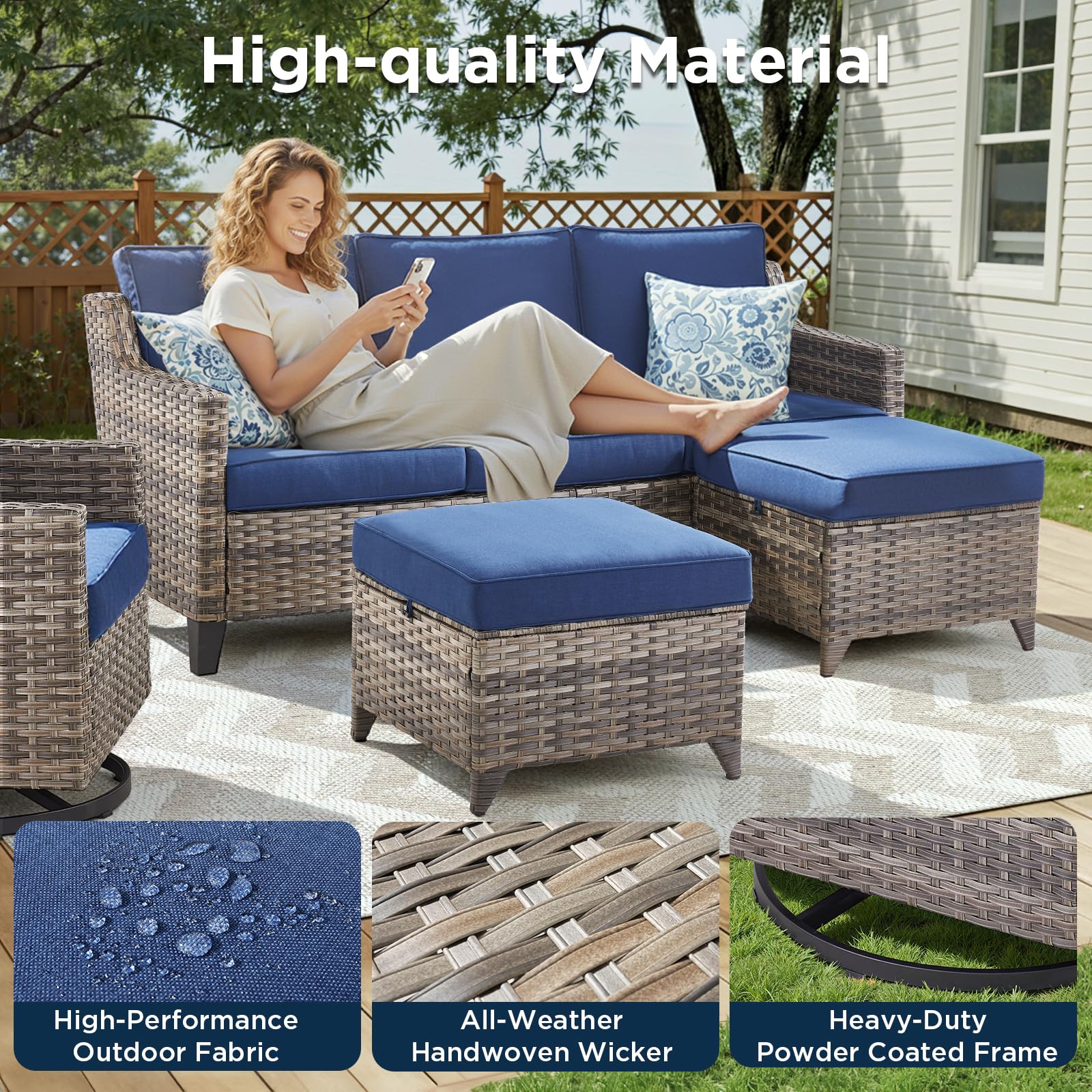 Outdoor Patio Furniture Set-7 Pieces All-Weather Wicker Outdoor Furniture with Swivel Patio Chairs Outdoor Patio Conversation Sets for Garden Porch Deck Grey/Blue