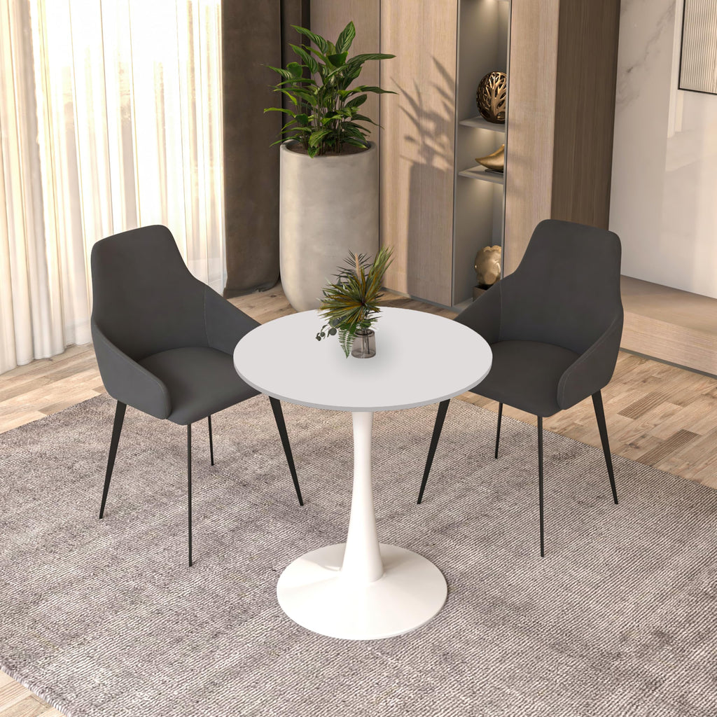 27" Wide Round Dining Table, Modern MDF Wood Top & White Metal Pedestal Base Gloss Finish Accent Table Mid-Century Café Table, Kitchen Dining Room Furniture, White