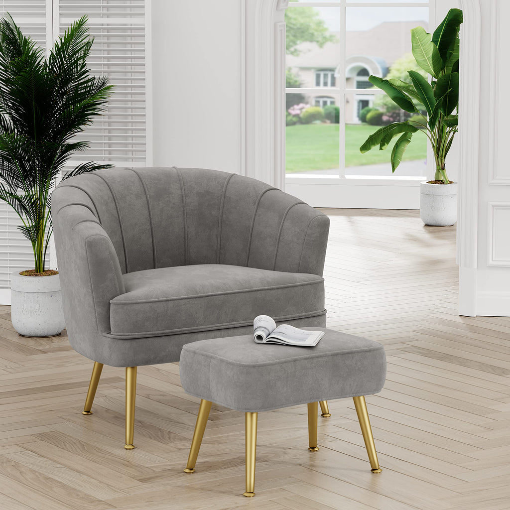Velvet Accent Chair with Ottoman, Upholstered Modern Single Sofa Side Chair,Comfy Barrel Club Living Room Armchair with Golden Metal Legs for Bedroom Living Reading Room Office, Grey