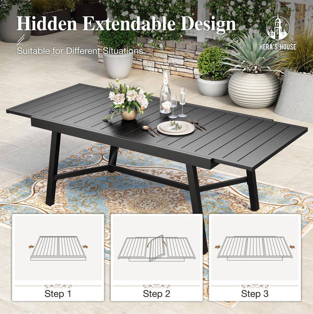 Extendable Patio Table and Chairs Set for 8, 9 Pieces Outdoor Dining Sets, 61"-84" Rectangular Metal Table with Chairs for Deck Lawn Garden Porch