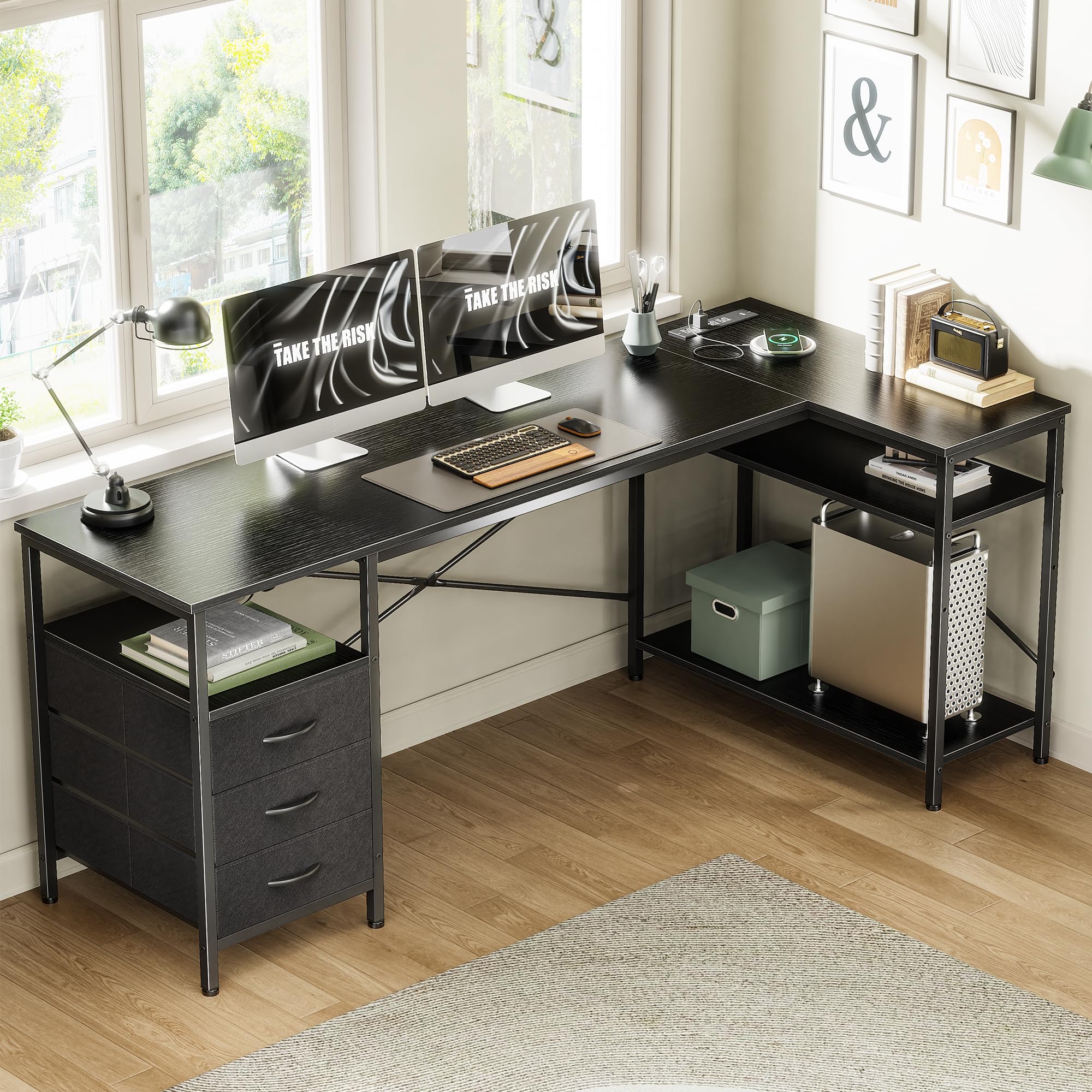 L Shaped Desk with Power Outlets, 63 Inch Reversible Computer Desk with 3 Drawers and Shelves, Home Office Table for Corner Work Study Writing Gaming, Black