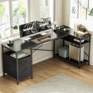 L Shaped Desk with Power Outlets, 63 Inch Reversible Computer Desk with 3 Drawers and Shelves, Home Office Table for Corner Work Study Writing Gaming, Black
