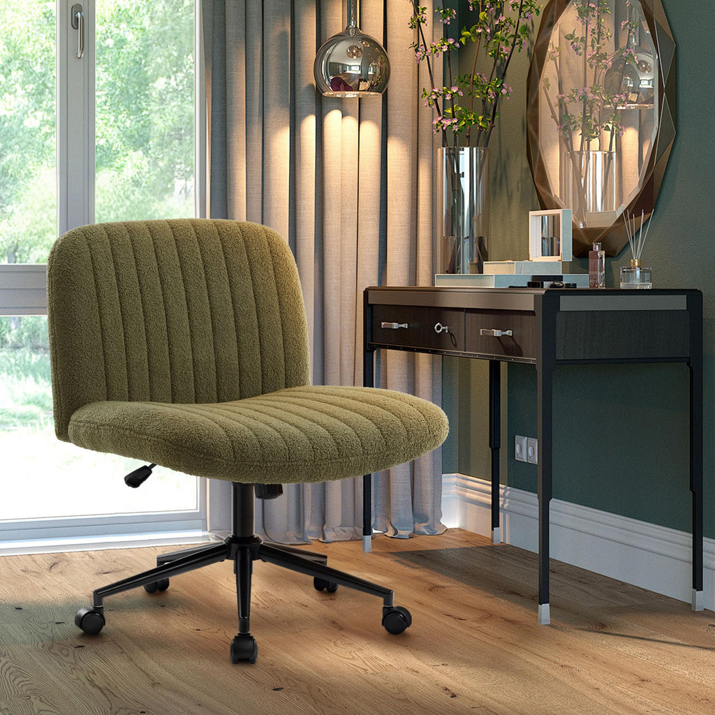 Criss Cross Chair Cross Legged Office Chair with Wheels Armless Wide Seat Desk Chairs Height Adjustable Computer Task Chairs Swivel Vanity Chair for Home Office Bedroom Make Up Small Space Green