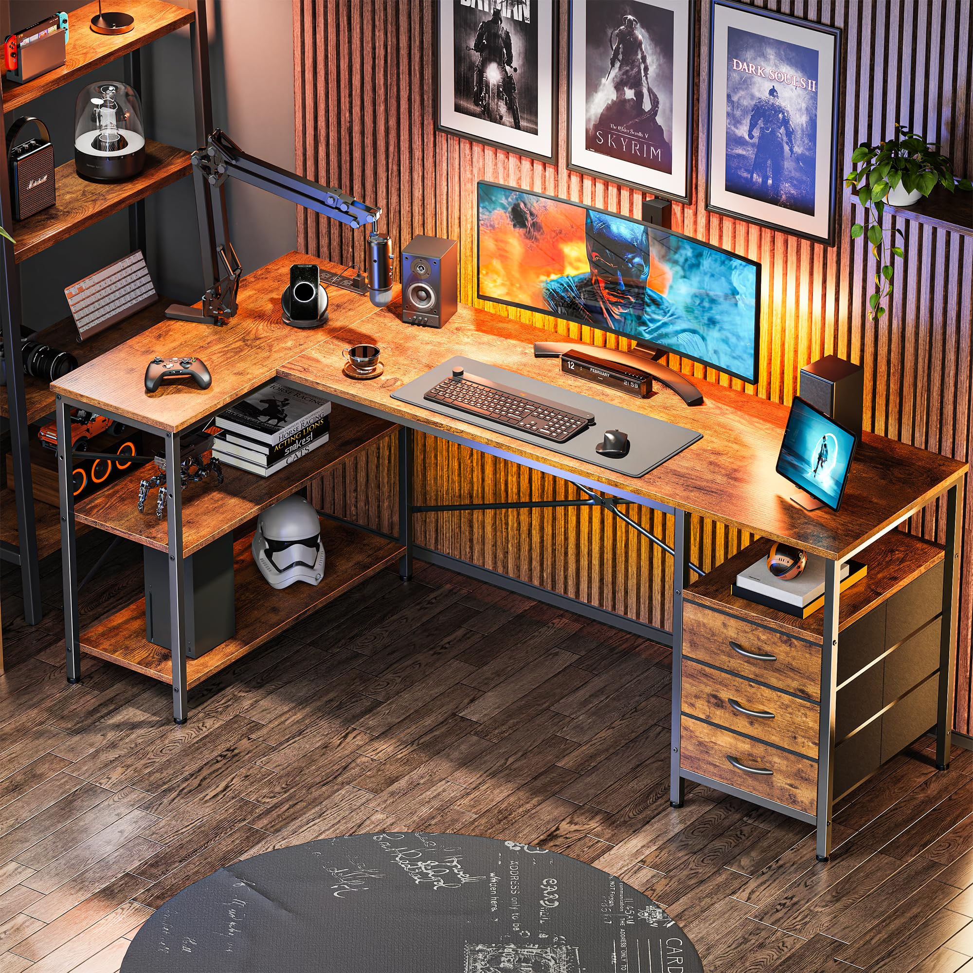 L Shaped Desk with Power Outlets, 63 Inch Reversible Computer Desk with 3 Drawers and Shelves, Home Office Table for Corner Work Study Writing Gaming, Rustic Brown