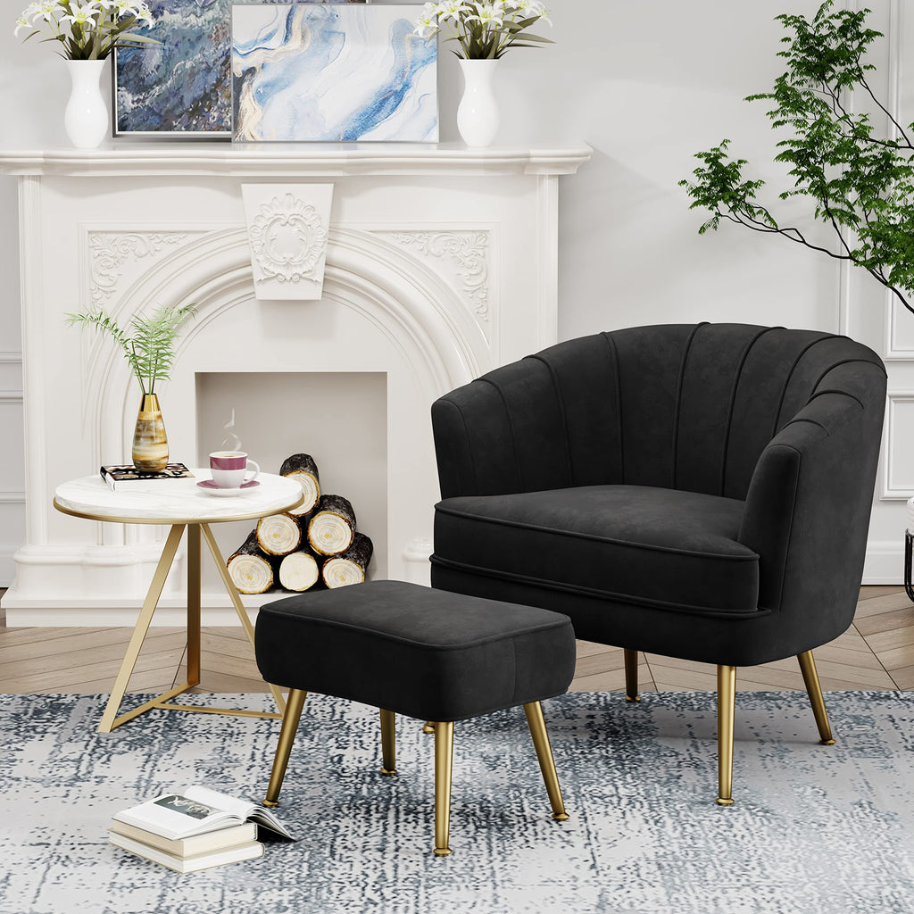 Velvet Accent Chair with Ottoman, Upholstered Modern Single Sofa Side Chair,Comfy Barrel Club Living Room Armchair with Golden Metal Legs for Bedroom Living Reading Room Office, Black