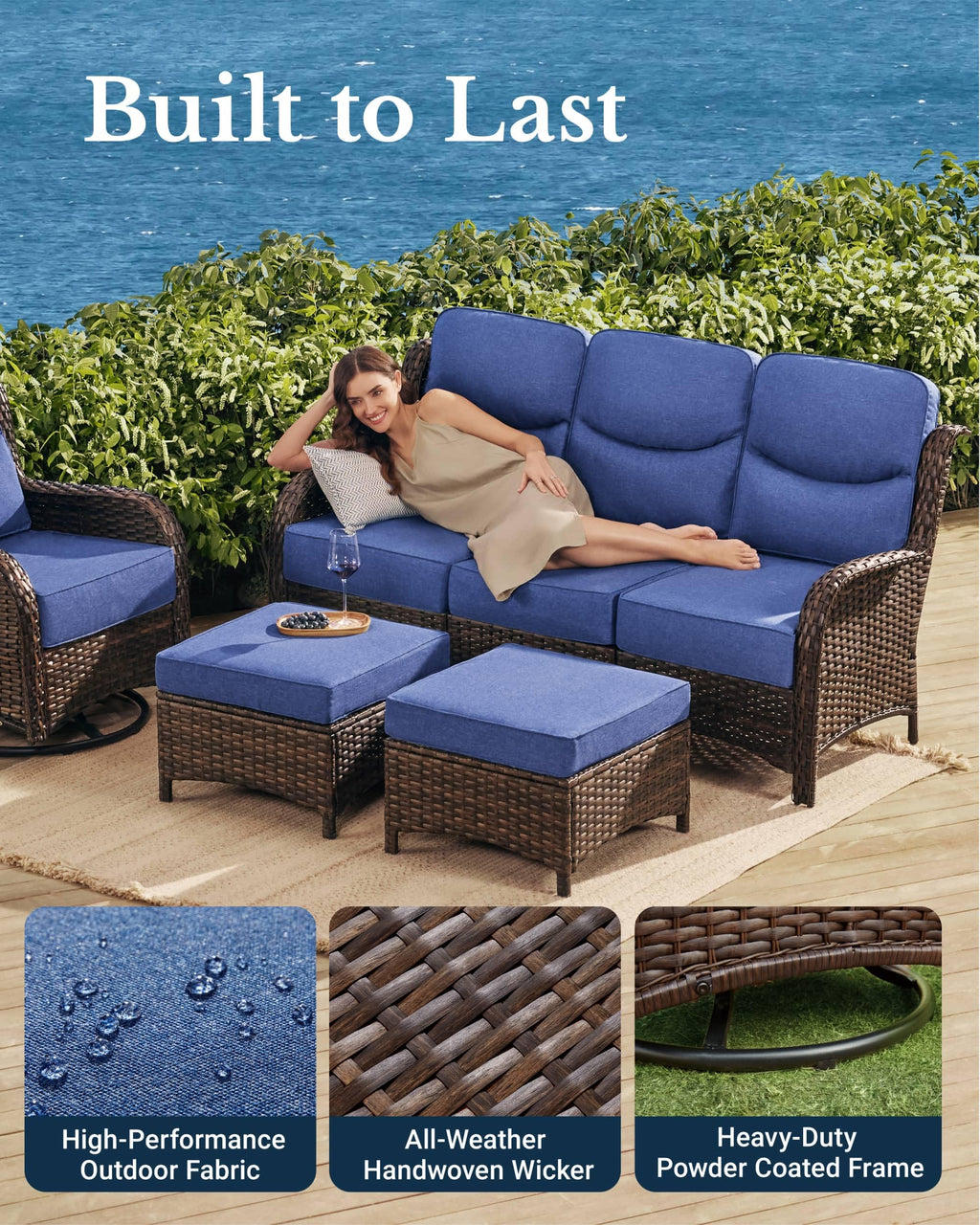 Luxury Patio Furniture Set with 6-inch Thick Cushion, Outdoor Couch and High Back Swivel Rocker Patio Chairs, 7PCS Wicker Conversation Set for Deck Yard and Poolside, Blue (V2)