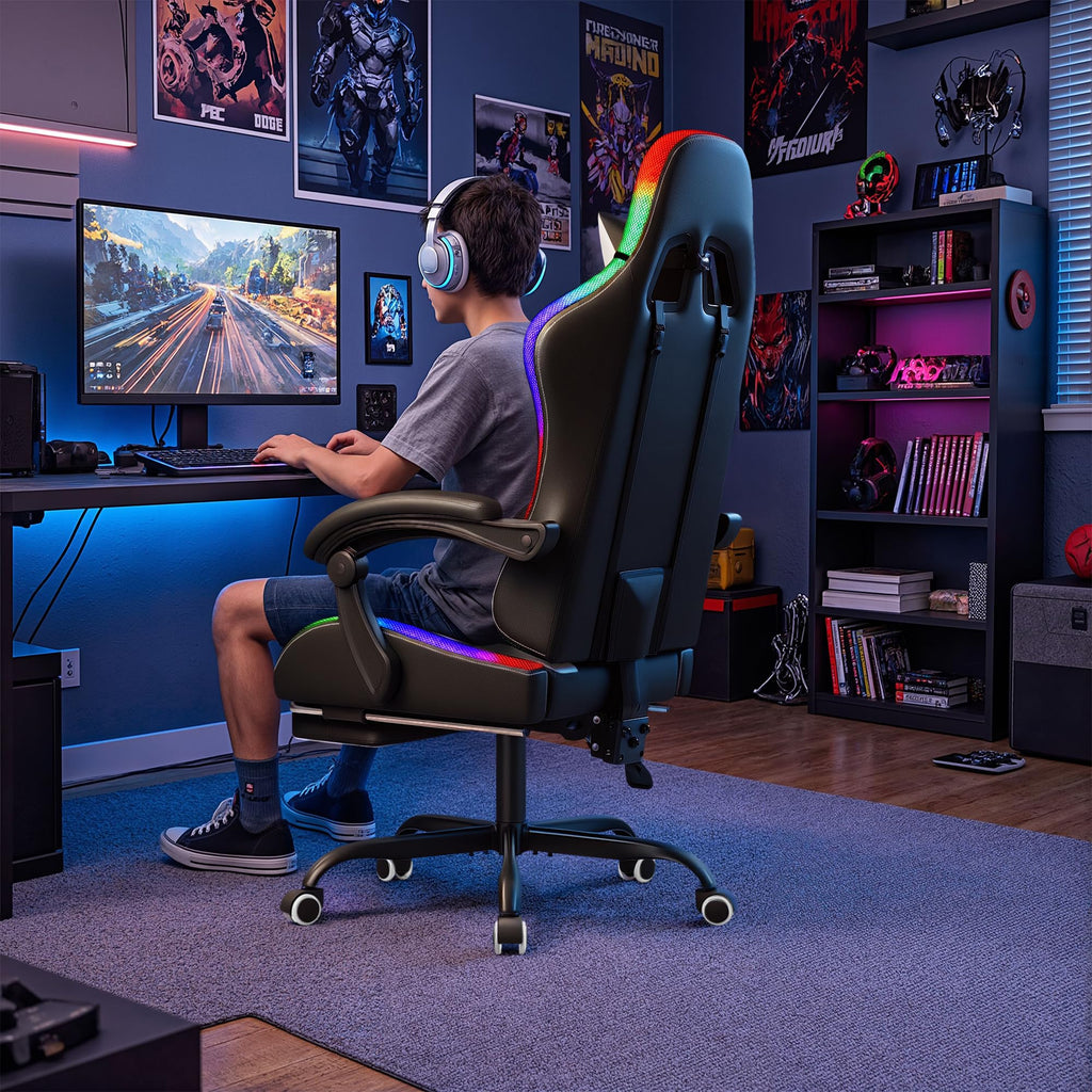 Gaming Chair, Video Game Chair with Footrest and Massage Lumbar Support, Ergonomic Computer Chair Height Adjustable with Swivel Seat and Headrest (RGB Lvory)