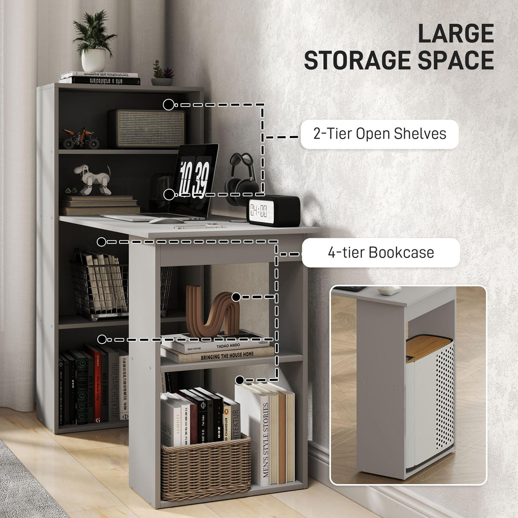Modern Home Office Desk with 6-Tier Storage Shelves, 47" Writing Desk with Bookshelf, Gray