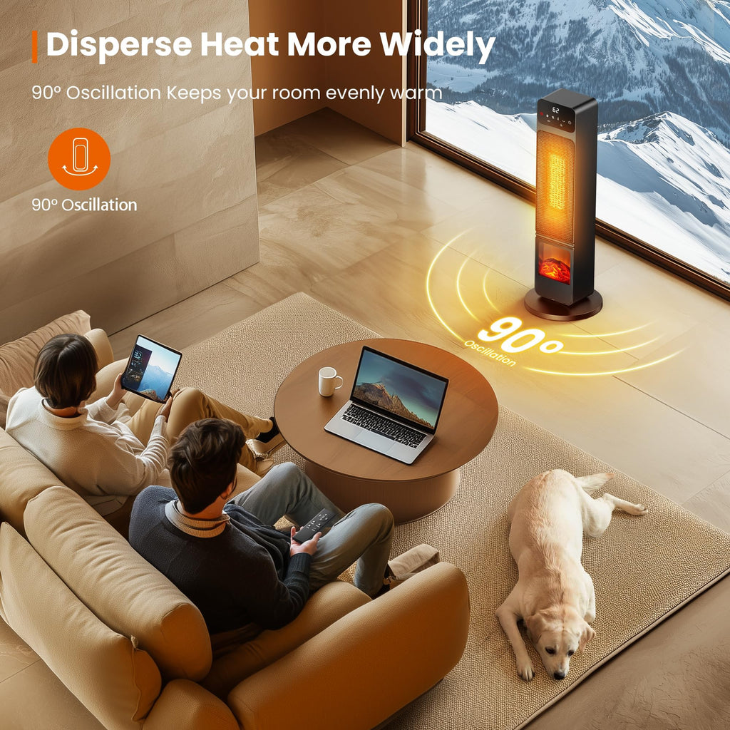 Tower Heaters for Indoor Use, 750W / 1500W Electric Fireplace Heater W / 3D Flame, Heater and Fan Combo 90° Oscillation, Child Lock & Eco Mode, 12h Timer, Remote Control, Home & Office