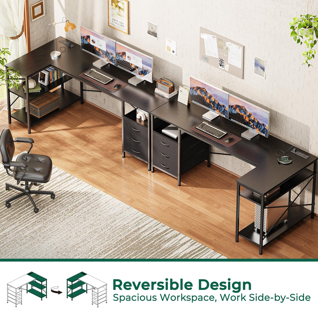 L Shaped Desk with Power Outlets, 63 Inch Reversible Computer Desk with 3 Drawers and Shelves, Home Office Table for Corner Work Study Writing Gaming, Black