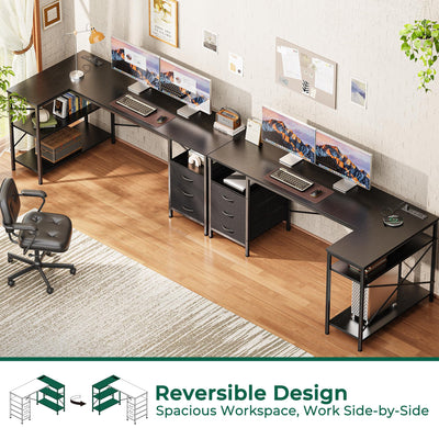L Shaped Desk with Power Outlets, 63 Inch Reversible Computer Desk with 3 Drawers and Shelves, Home Office Table for Corner Work Study Writing Gaming, Black