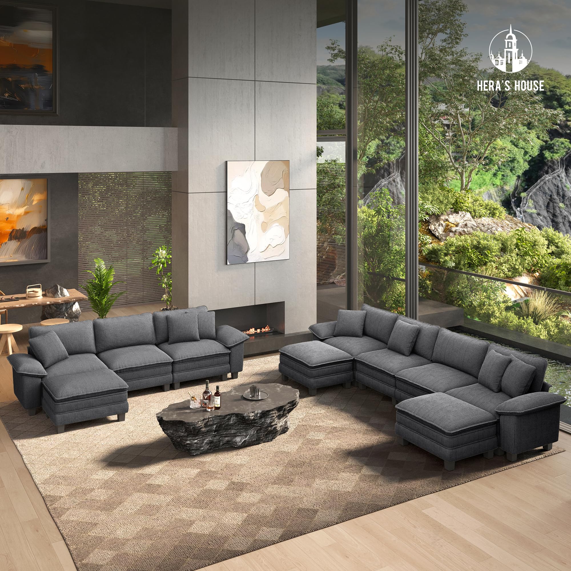 88" Modular Sectional Sofa, L Shaped Couches for Living Room, Comfy Cloud Couch with Ottoman, 3-Seater Deep Seat Sofa with Throw Pillow, Corduroy Grey