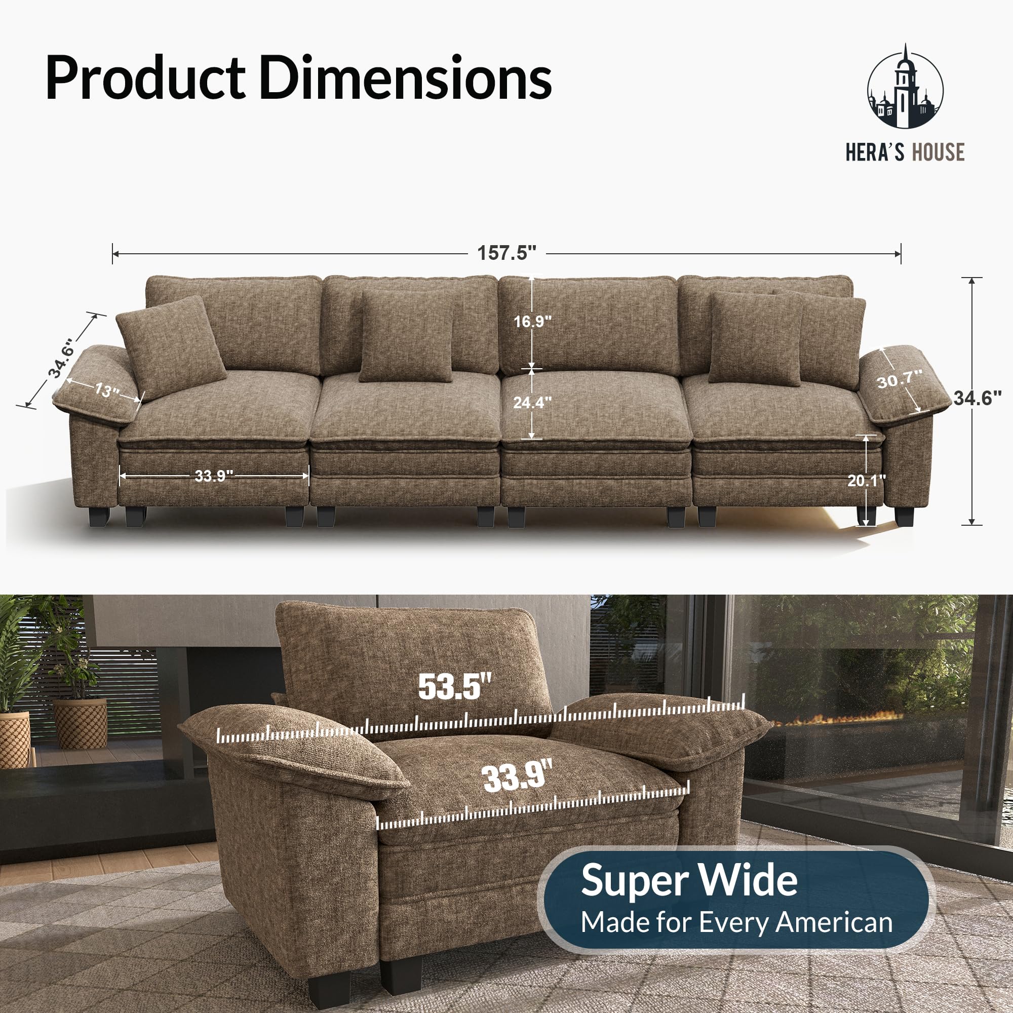 158" Modular Sectional Sofa, Oversized Couches for Living Room, Comfy Cloud Couch 4-Seater Deep Seat Sofa with Throw Pillow, Chenille Taupe