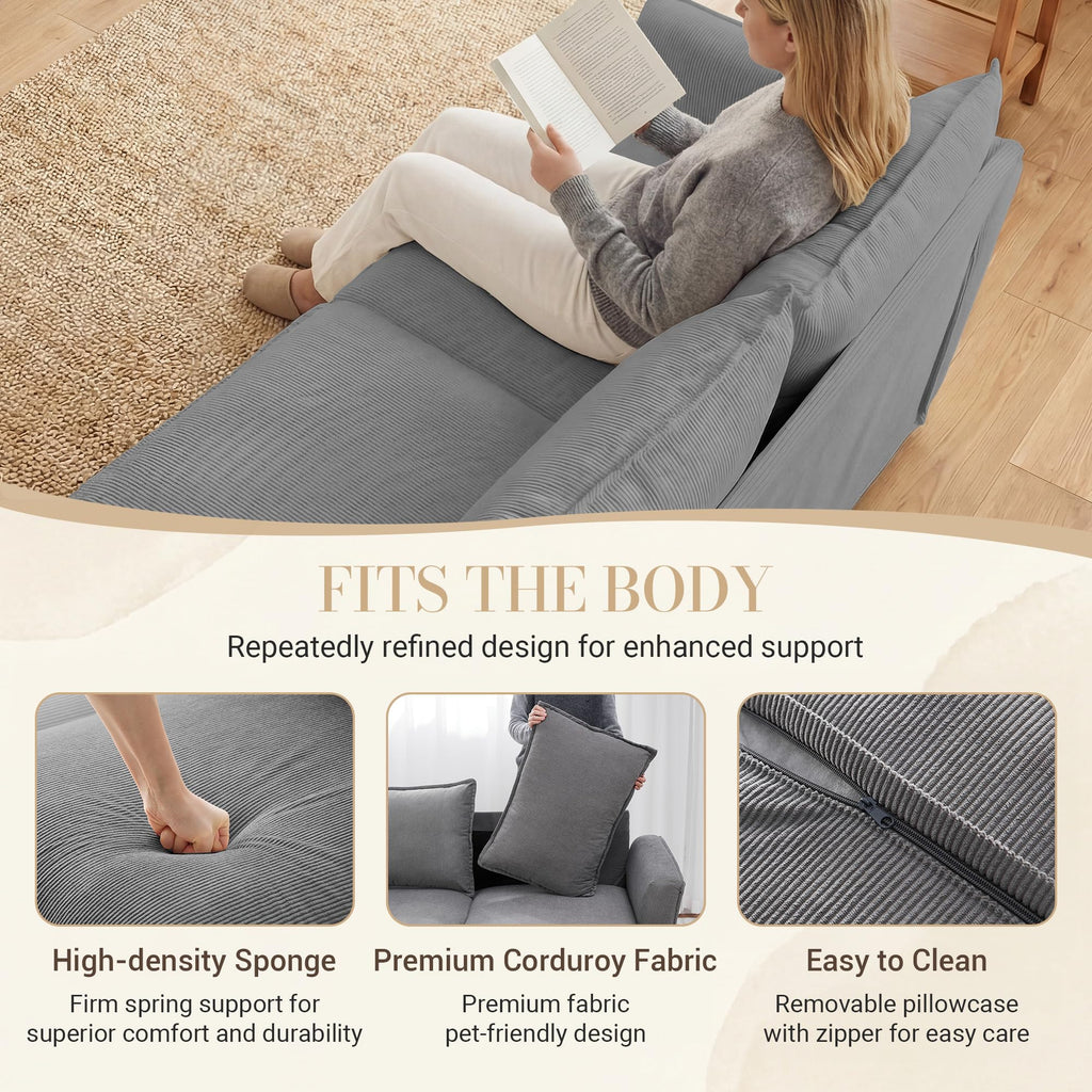 3 Seater Corduroy Couch, 89" Comfy Couch with Deep Seat, Modern Sofa Couch for Living Room, Office, Bedroom, Apartment (Pillows not Included)