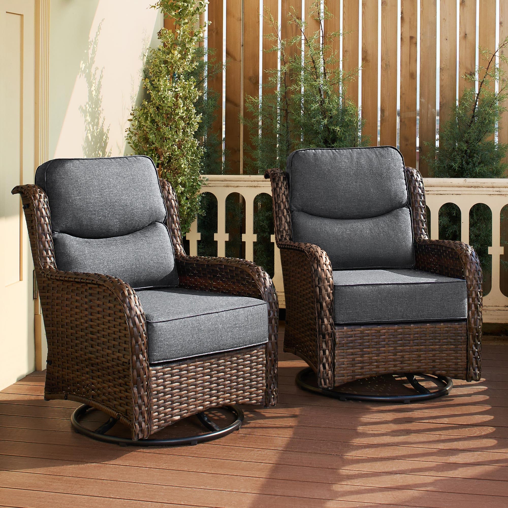 Luxury Patio Furniture Set with 6-inch Thick Cushion, Outdoor High Back Swivel Rocker Patio Chairs, 2PCS Wicker Conversation Set for Deck Yard and Poolside, Dark Grey (V2)