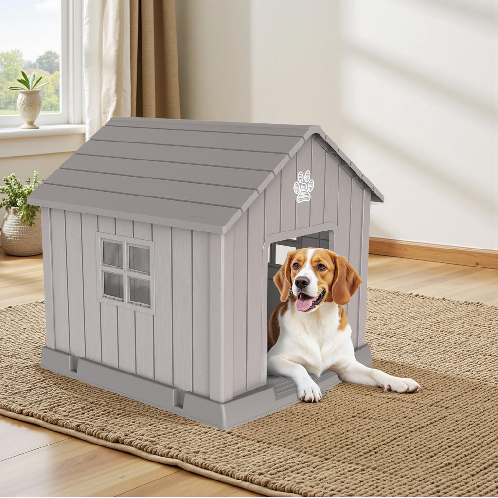 Dog House Indoor Outdoor for Small to Large Sized Dogs Indoor Outdoor Doghouse Puppy Shelter with Elevated Floor, Easy to Assemble (Light Brown, 31Inch(31.18 * 33.7 * 32.52))