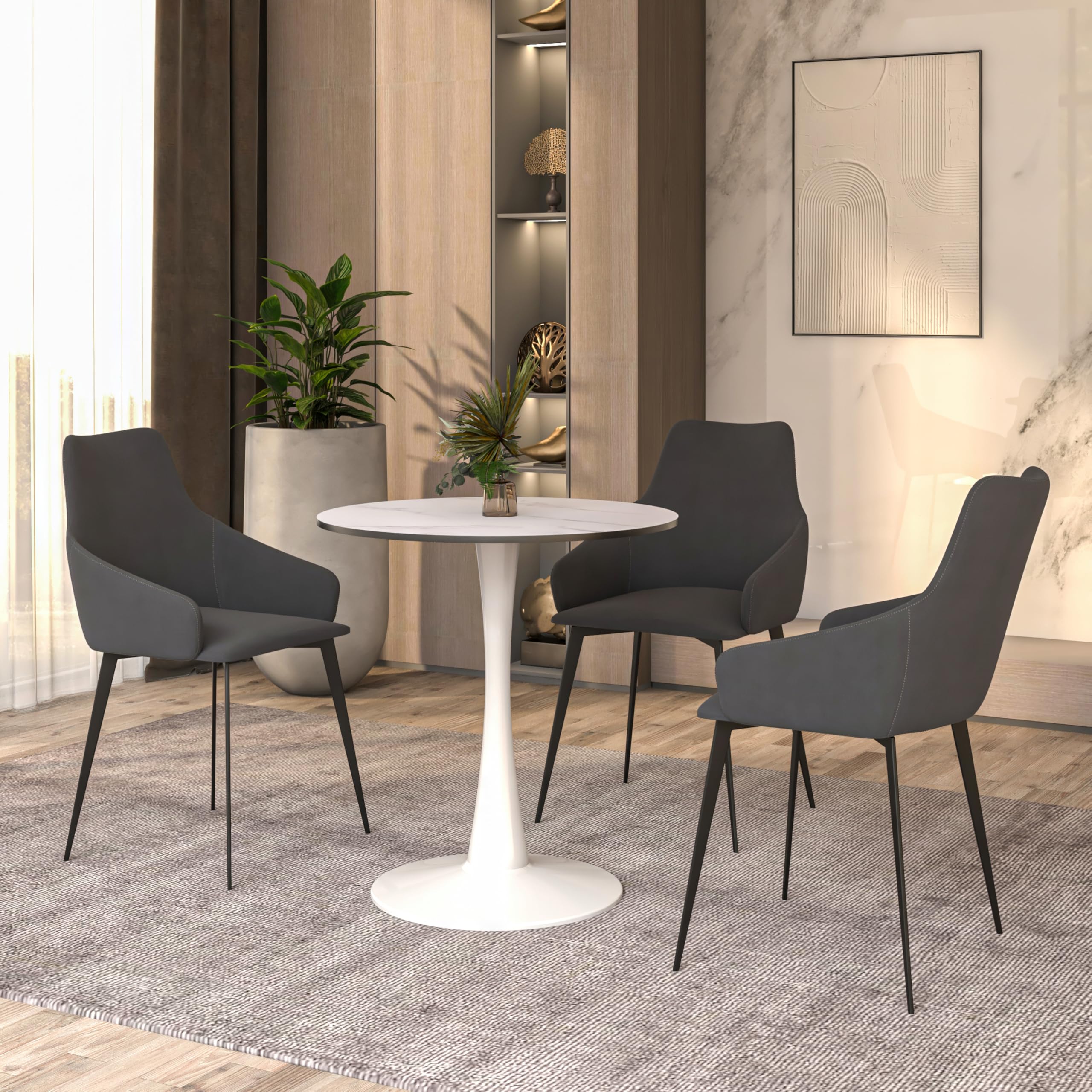 24" Wide Round Dining Table, Modern MDF Wood Top & White Metal Pedestal Base Gloss Finish Accent Table Mid-Century Café Table, Kitchen Dining Room Furniture, Marbled White