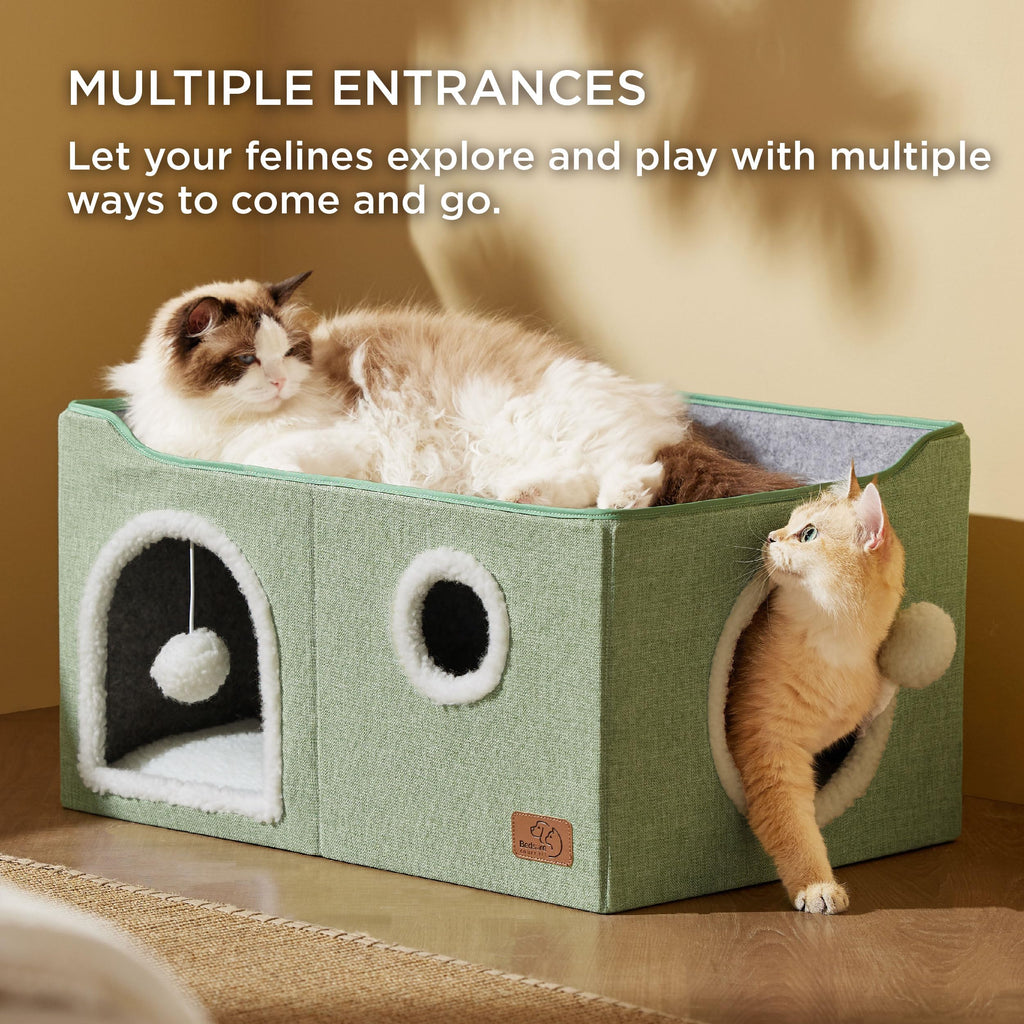 Large Cat Beds for Indoor Cats - Extra Wide Cat Cube House for Small Pet with Fluffy Ball Hanging and Scratch Pad, Foldable Pet Cave Hideaway for Multiple Cats, 23.6x16.9x13 inches, Green