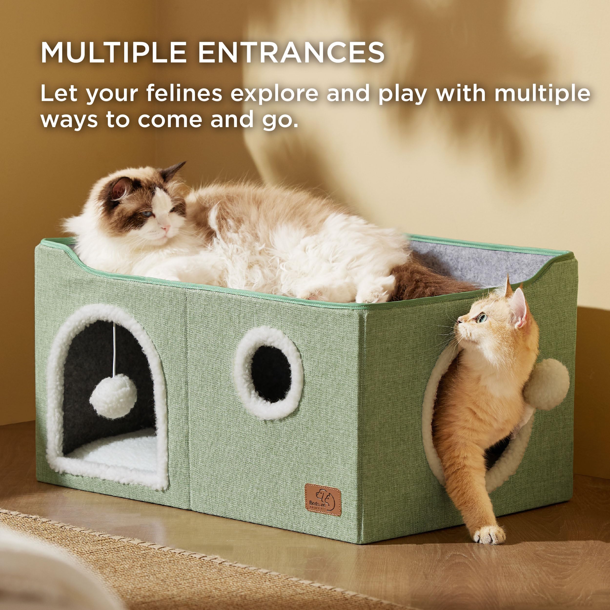 Large Cat Beds for Indoor Cats - Extra Wide Cat Cube House for Small Pet with Fluffy Ball Hanging and Scratch Pad, Foldable Pet Cave Hideaway for Multiple Cats, 23.6x16.9x13 inches, Green
