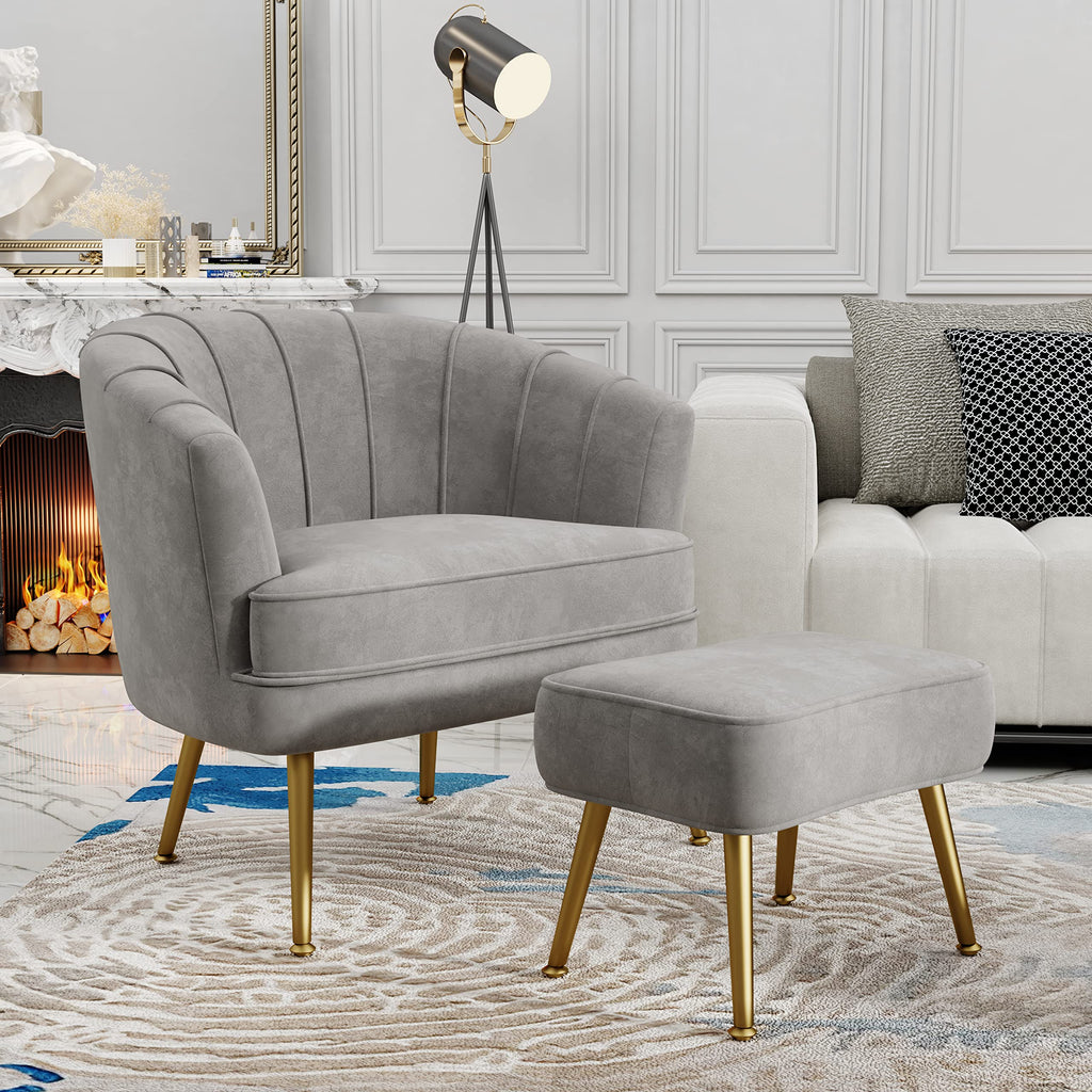 Velvet Accent Chair with Ottoman, Upholstered Modern Single Sofa Side Chair,Comfy Barrel Club Living Room Armchair with Golden Metal Legs for Bedroom Living Reading Room Office, Grey
