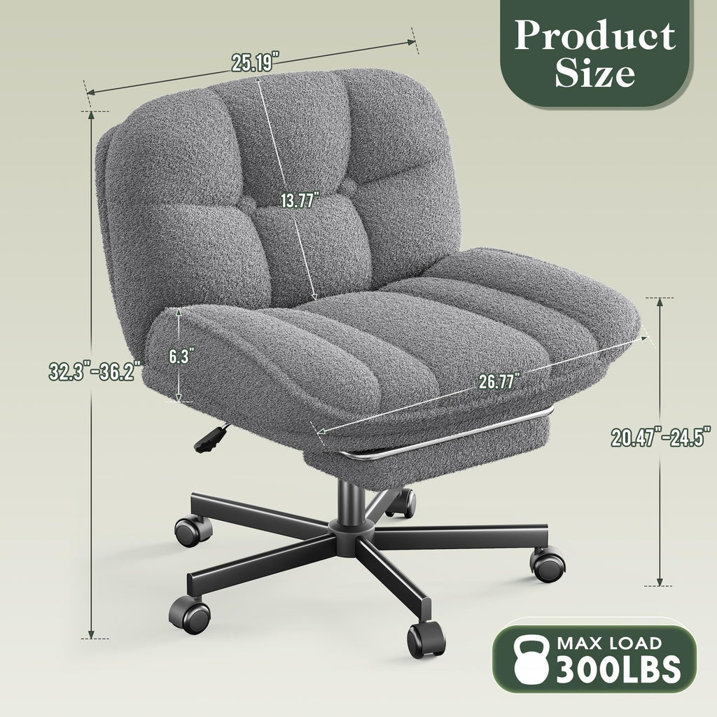 Criss Cross Office Chair with Foot Rest, 26.77" Wide Cross Legged Office Chair with 7" Thick Backrest, Height Adjustable & 360°Swivel, Desk Chair for All-Day Comfort (Misty Gray)